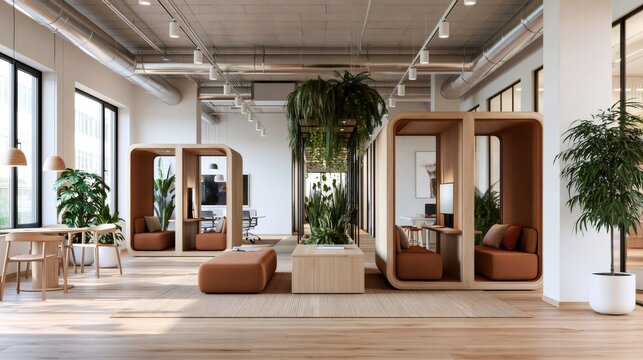 Modern office interior with individual coworking soundproof pods