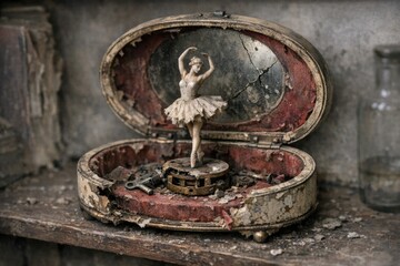Fototapeta premium A small bronze ballerina figurine sits inside a glass display case, perfectly preserved