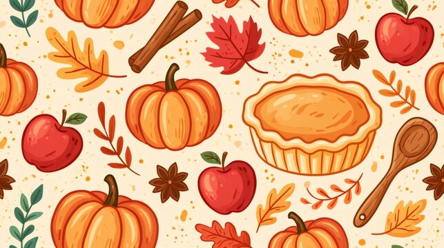 Autumn harvest seamless pattern with pumpkins and pie