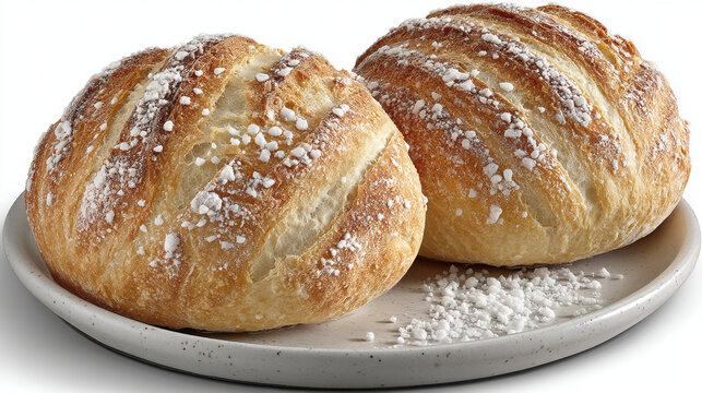 Two round freshly baked bread rolls dusted with white sugar crystals on a ceramic plate