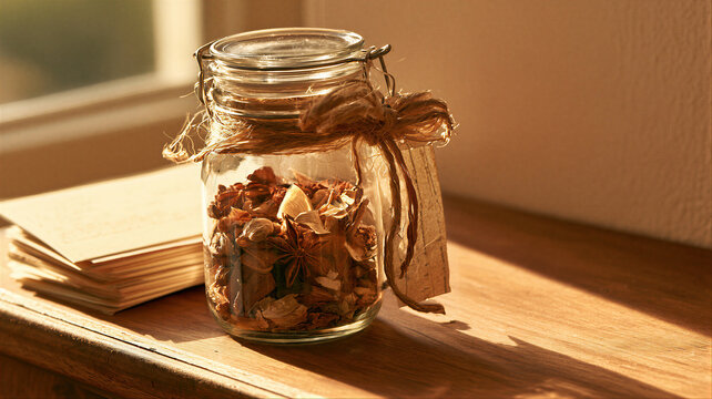 Glass jar filled with dried autumn botanicals and tied with rustic ribbon on a sunlit wooden table. Thanksgiving Day still life symbolizing gratitude, harvest, memory, and seasonal home decor.