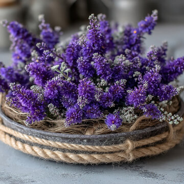 Purple dried flowers arranged in a rustic pot wrapped with natural rope, home decor