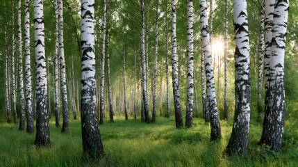 Fototapeta premium Birch forest in sunlight with green grass
