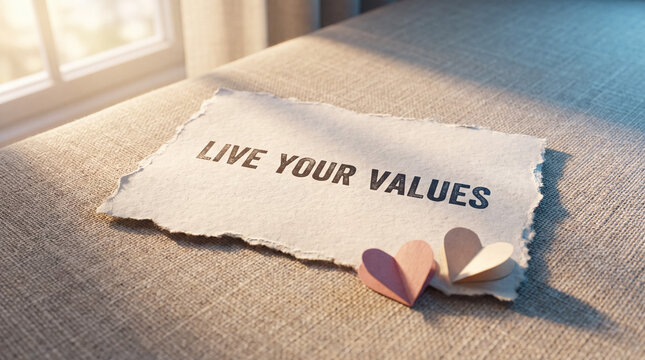 Live your values message on paper with hearts, symbolizing integrity, motivation, and ethical lifestyle choices