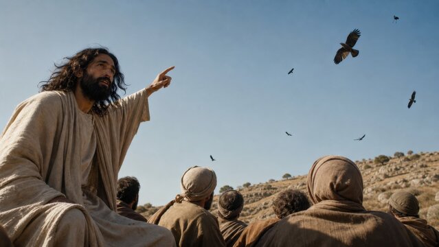 Biblical scene from Luke 12:24: Consider the ravens: they neither sow nor reap; they have neither storehouse nor barn, and yet God feeds them. How much more valuable are you than the birds?