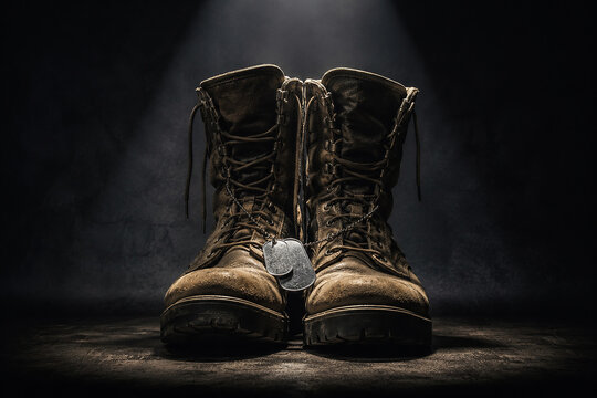 Worn combat boots with dog tags stand in dramatic spotlight on floor.