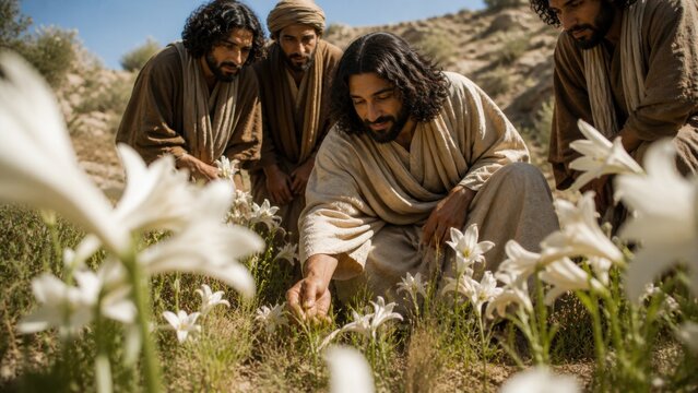 Jesus and disciples consider lilies in a sunlit field. Biblical teaching about faith, divine provision, and freedom from worry inspired by Luke 12:22&ndash;34.