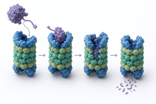 Proteasome degrades tagged protein into peptide fragments
