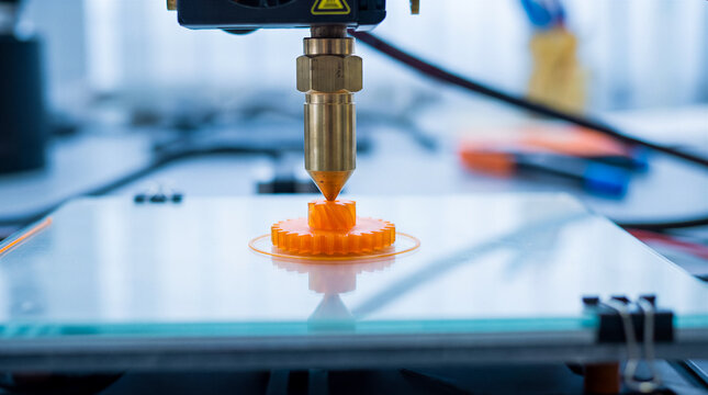 3d printer extruding orange plastic gear on glass build plate. Manufacturing, prototyping, engineering, technology industry.