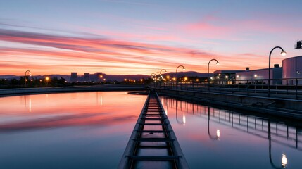 Fototapeta premium Wastewater treatment plant operating at dramatic sunset