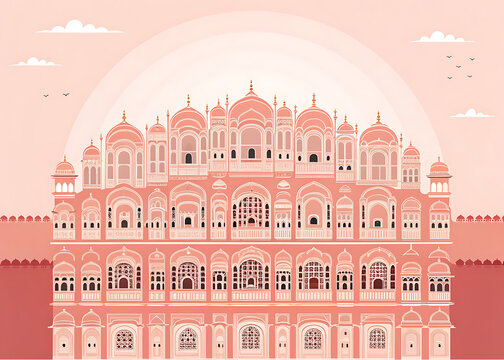 Hawa Mahal, Jaipur, famous pink palace facade with rows of small windows, minimal vector illustration, pastel pink and coral palette