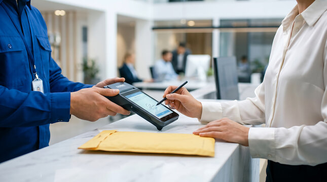 Customer signing for a package delivery on a digital handheld device at a service counter.