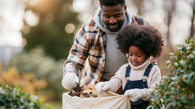 African American father and daughter working together to collect leaves in a garden, wearing gloves and smiling, with greenery and trees in the background
