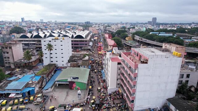Aerial view of KR market bangalore showing busy market place and urban city landscape
