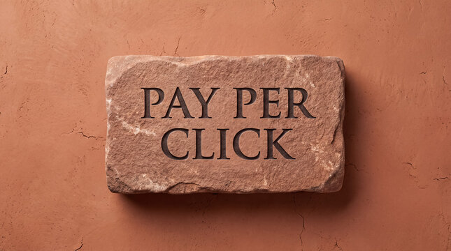 Pay per click text engraved on natural stone block, representing digital advertising and online marketing strategy
