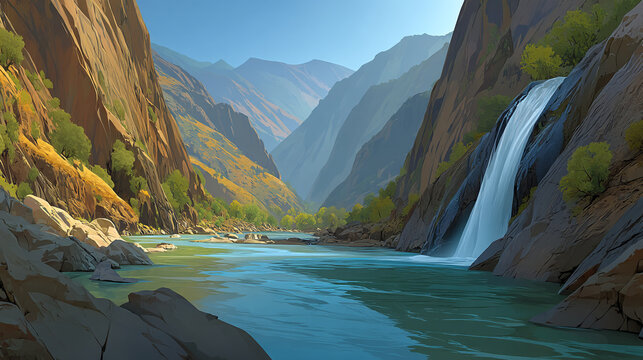 Majestic waterfall flowing into river through deep canyon with waterfall, mountain
