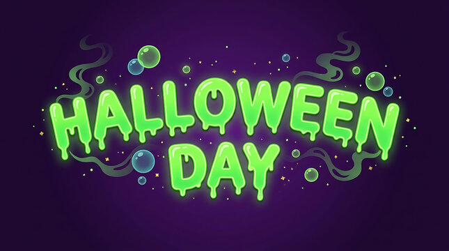 Bright neon halloween day glowing slime text design with bubbles with adorned floating bubbles sparkling particles against deep purple backdrop