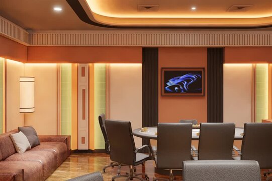 3d render animation interior design casino and playing card room retro design 