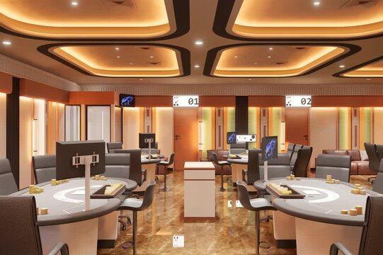 3d render animation interior design casino and playing card room retro design 