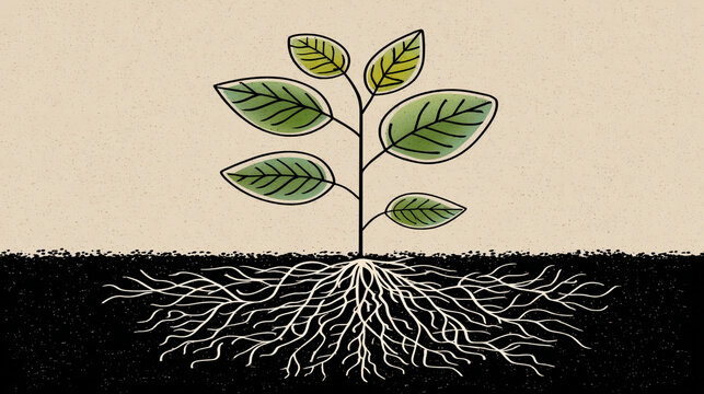 Young green plant sapling growing from soil with roots visible seedling environment