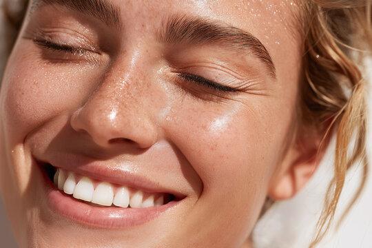 Dewy skin smile close up macro natural freckles woman teeth healthy skin glowing skin