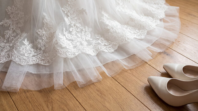 Bridal gown with delicate lace and soft tulle layers, standing next to elegant high heel shoes on natural wood