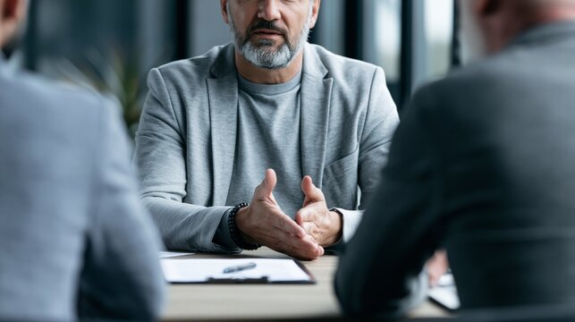 Businessman meeting with a financial advisor in an office setting, seated face to face with no visible faces, professional consultation concept.
