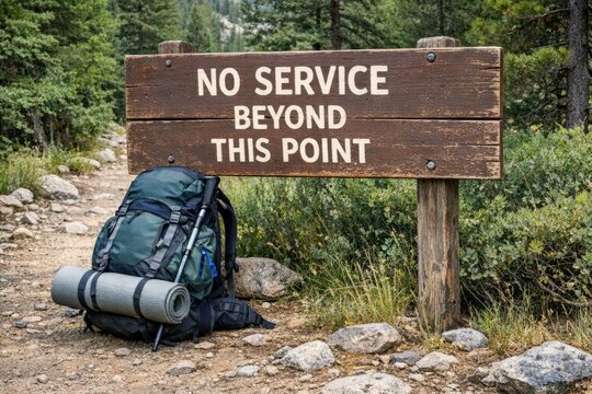 A lone backpack sits next to a warning sign indicating no service beyond this point