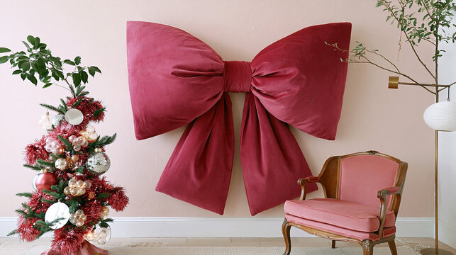 Large decorative pink bow mounted on a wall beside a Christmas tree adorned with ornaments and a pink armchair in a cozy indoor setting