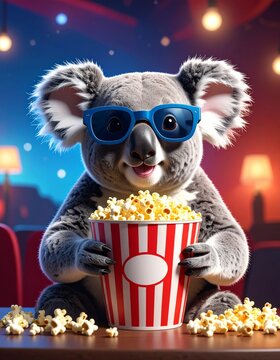 koala in a 3D cinema with popcorn