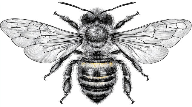 Detailed drawing of a honey bee insect illustration with honeybee wildlife pollinator