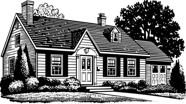 Classic suburban house architectural illustration sketch with architecture, building