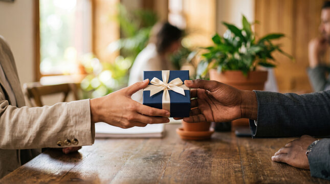 Hands exchanging ribbon tied gift box at wooden table, warm indoor setting, diverse adults sharing thoughtful present with visible happiness and connection