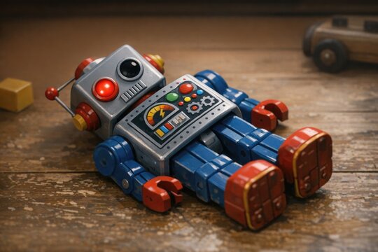 A small toy robot sits atop a wooden table