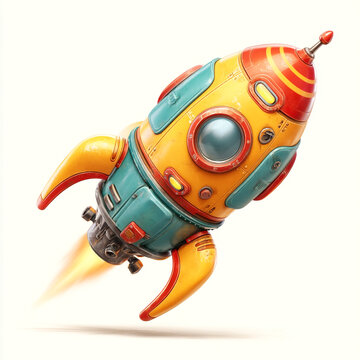 Vintage style space rocket flying upward with fire exhaust illustration, adventure