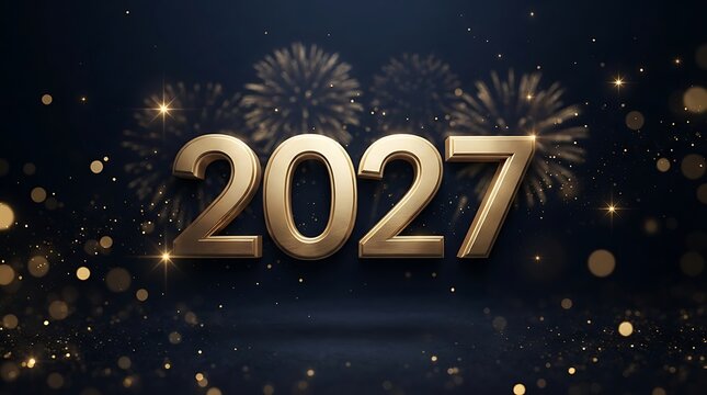 Golden three dimensional 2027 numbers on a dark background with festive fireworks and sparkling glitter for new year celebration