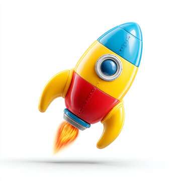 Colorful toy rocket ship flying isolated on white background with fire blast, colorful