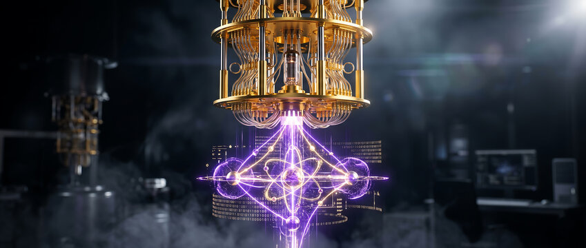 Quantum computer processor with glowing purple energy field in a dark laboratory setting.