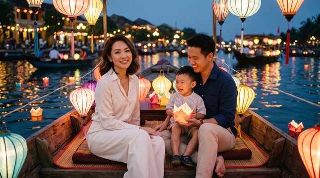 Happy family enjoying a lantern boat ride in Hoi An Vietnam at twilight