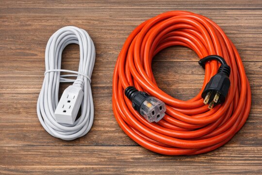Two extension cords lying on a wooden surface, one orange and one white