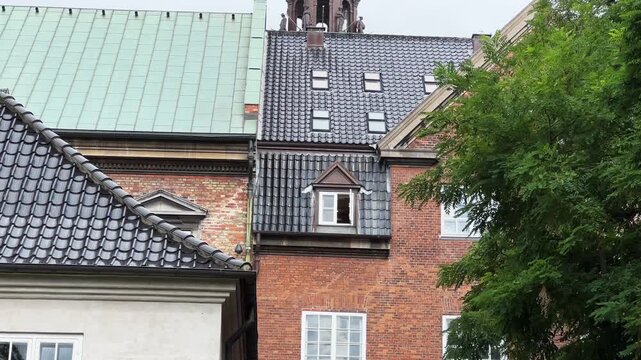 Christiansborg Palace tower behind Danish National Archives building, Copenhagen, Denmark