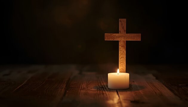 cross and candle,A simple wooden Christian cross standing beside a single warm white candle on a rustic wooden surface, realistic natural wood grain, soft candle flame creating a gentle warm glow, dar