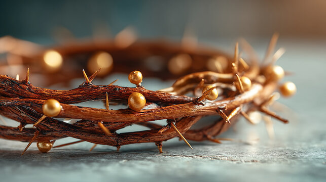Crown of thorns with golden spheres on textured stone surface religious christianity