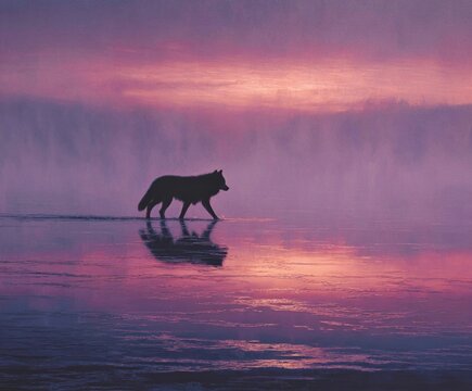 Majestic Wild Wolf Crossing an Icy Lake Under a Dramatic Twilight Sky