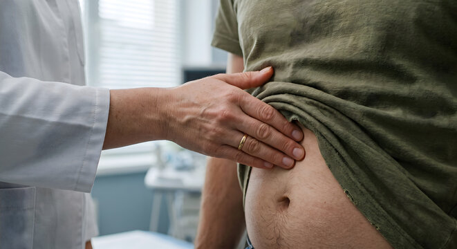 Doctor palpating patient abdomen during clinical examination wearing white coat in medical office.