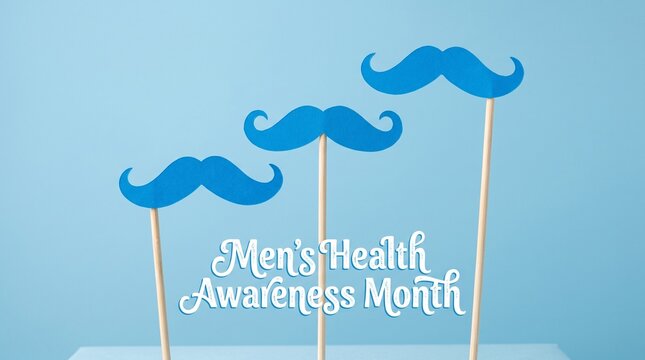 Men's health awareness month blue mustache props on sticks over light blue background