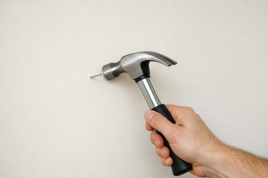 A hand holds a hammer firmly against a wall, ready to use