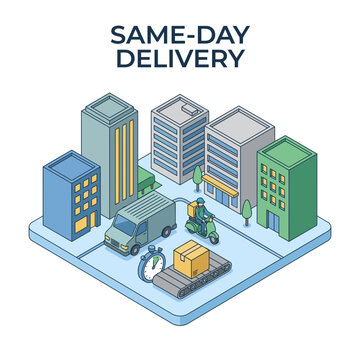 Isometric illustration of same day delivery service with buildings and courier.