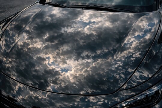 A car hood with a cloudy sky in the background, suitable for use in weather or transportation related contexts