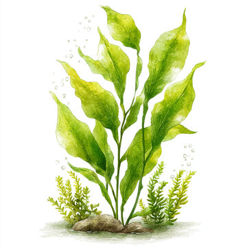 Watercolor illustration of green aquarium seaweed plants growing from rocks